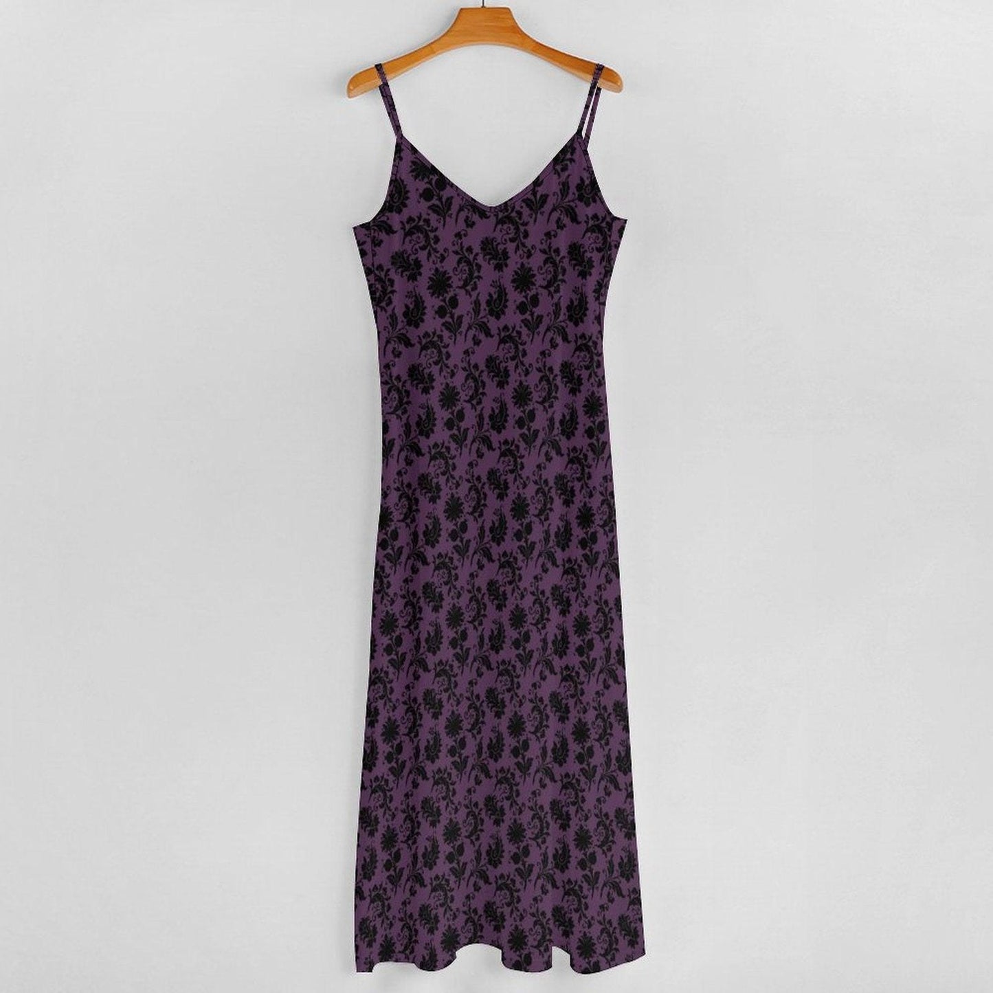 Plum Damask Maxi Dress, Dark Romantic Slip Sundress, Black Flocked Evening Outfit