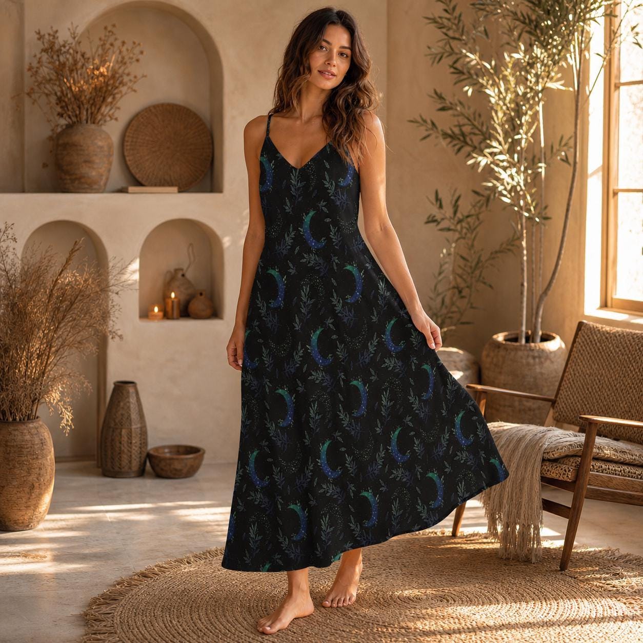 Celestial Tarot Moon Maxi Dress Witchy Cottagecore A-Line