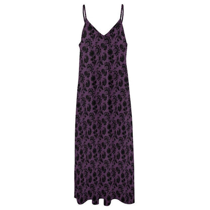 Plum Damask Maxi Dress, Dark Romantic Slip Sundress, Black Flocked Evening Outfit
