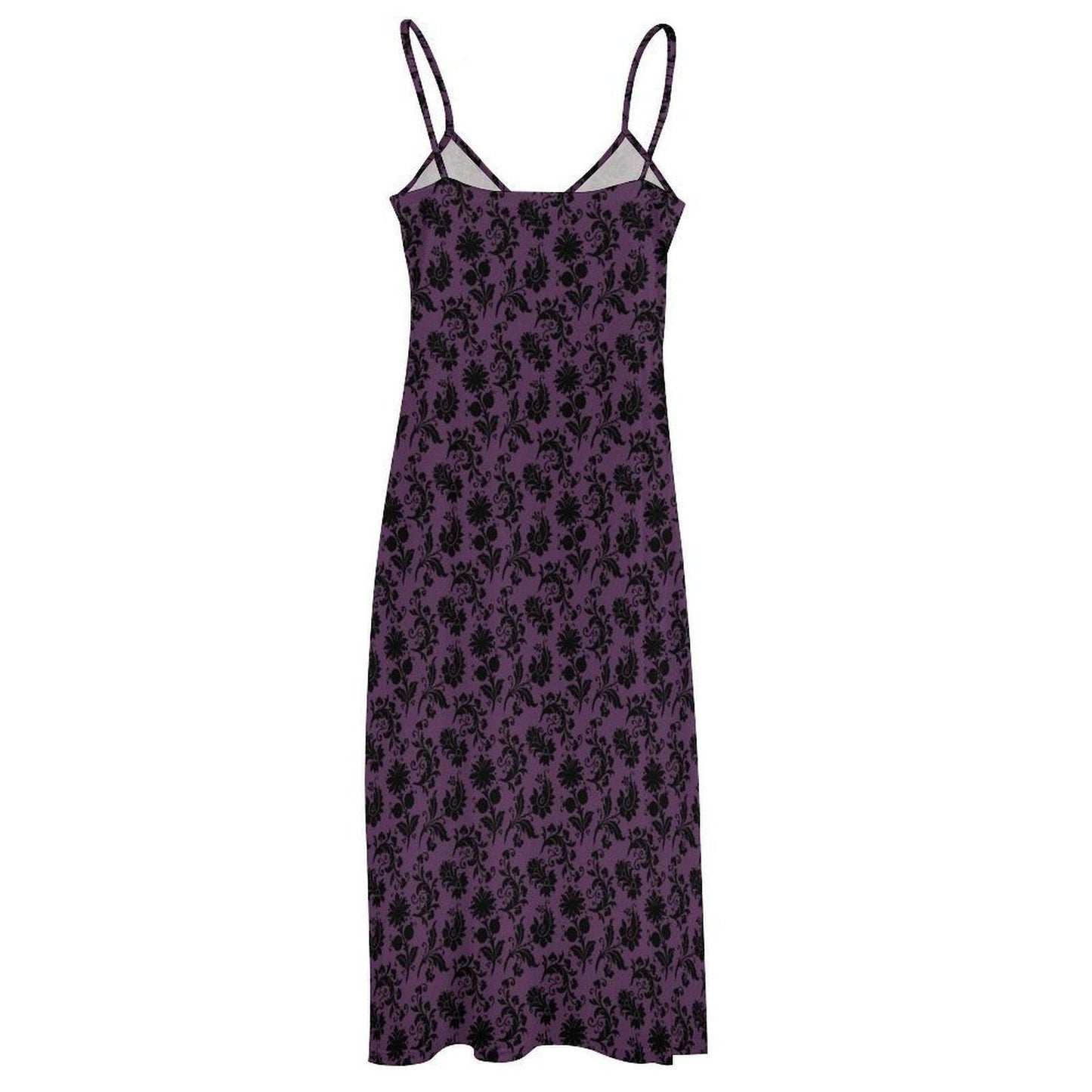Plum Damask Maxi Dress, Dark Romantic Slip Sundress, Black Flocked Evening Outfit