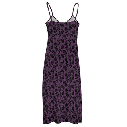 Plum Damask Maxi Dress, Dark Romantic Slip Sundress, Black Flocked Evening Outfit
