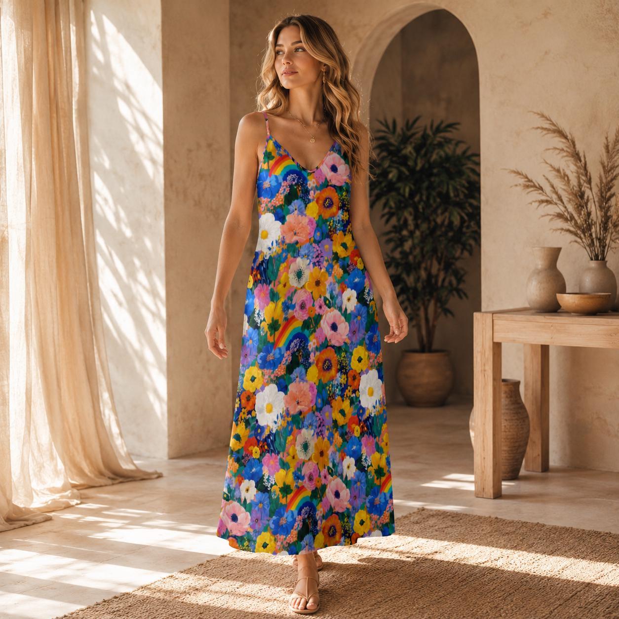 Rainbow Floral Maxi Dress, Colorful Boho Sundress, Garden Party Slip Dress