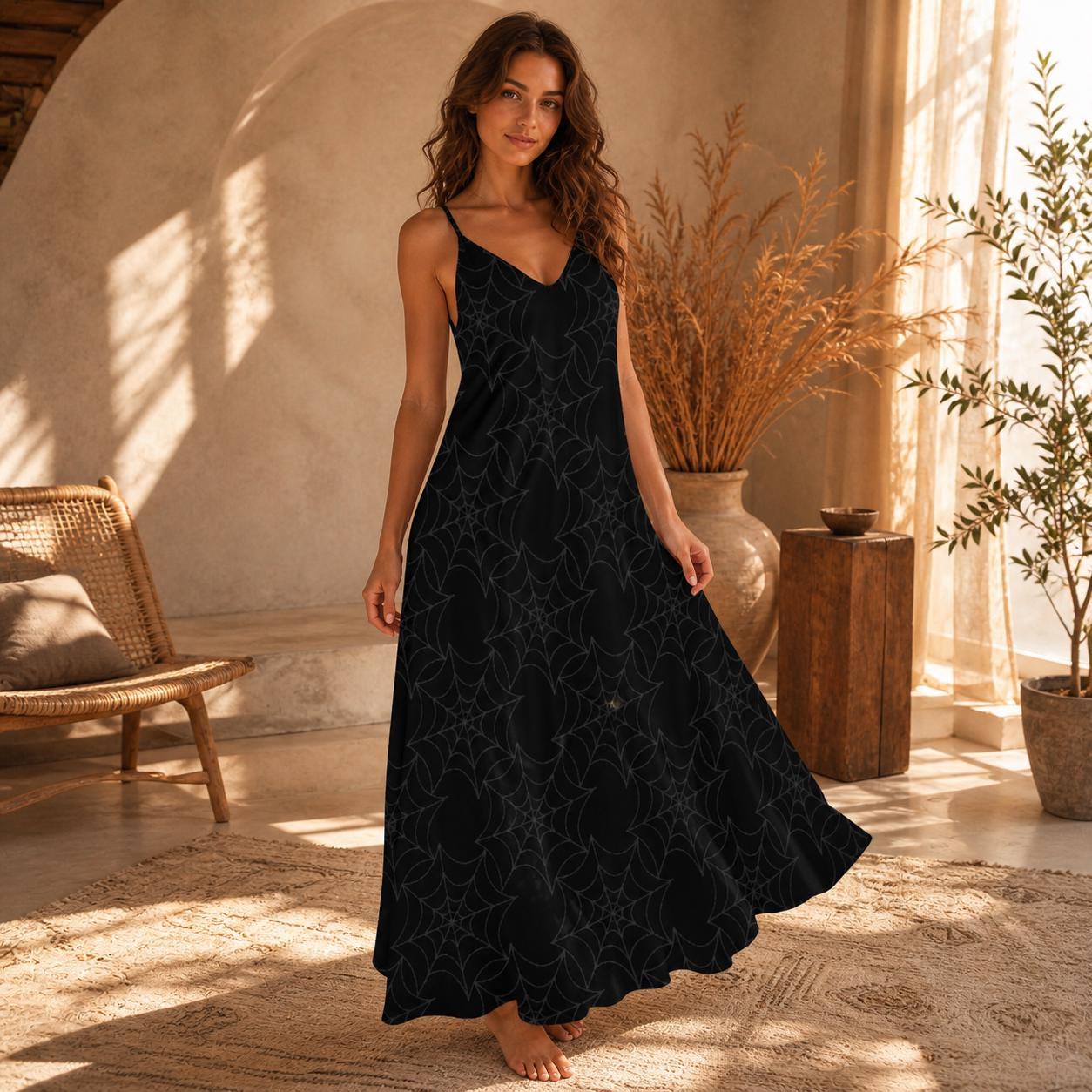 Spiderweb Maxi Dress, Black Cami Sundress, Cottage Goth Summer Dress