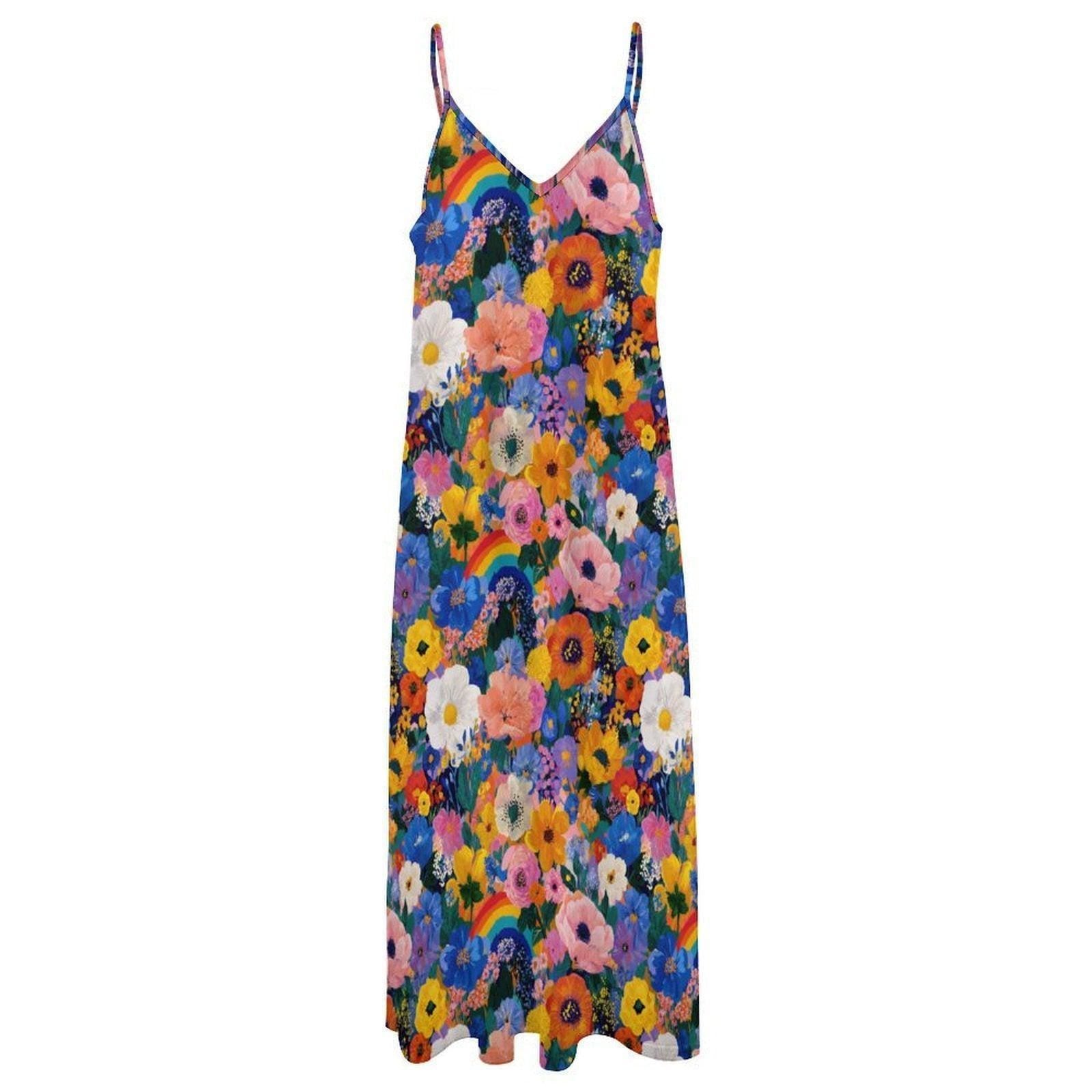 Rainbow Floral Maxi Dress, Colorful Boho Sundress, Garden Party Slip Dress
