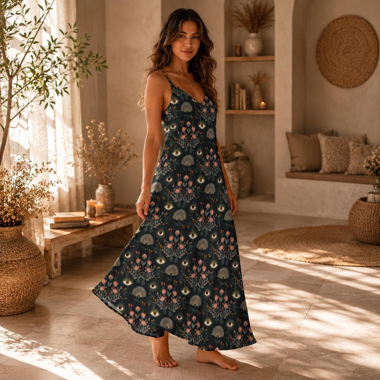 Evil Eye Maxi Dress, Mystical Floral Slip Dress, Folk Art Boho Sundress
