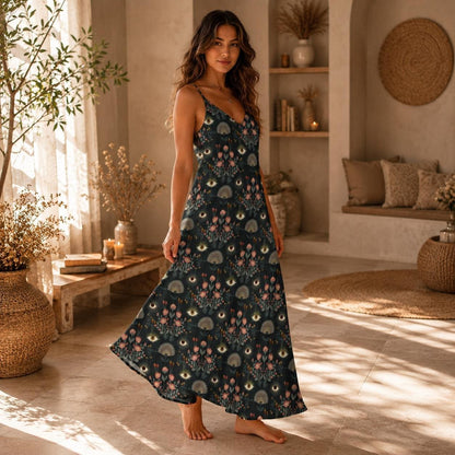 Evil Eye Maxi Dress, Mystical Floral Slip Dress, Folk Art Boho Sundress