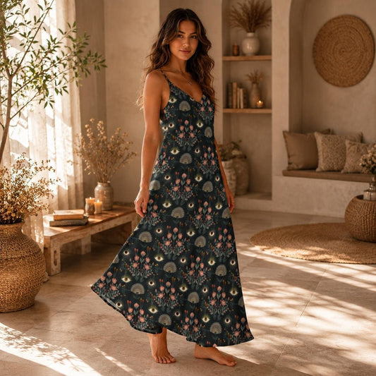Evil Eye Maxi Dress, Mystical Floral Slip Dress, Folk Art Boho Sundress