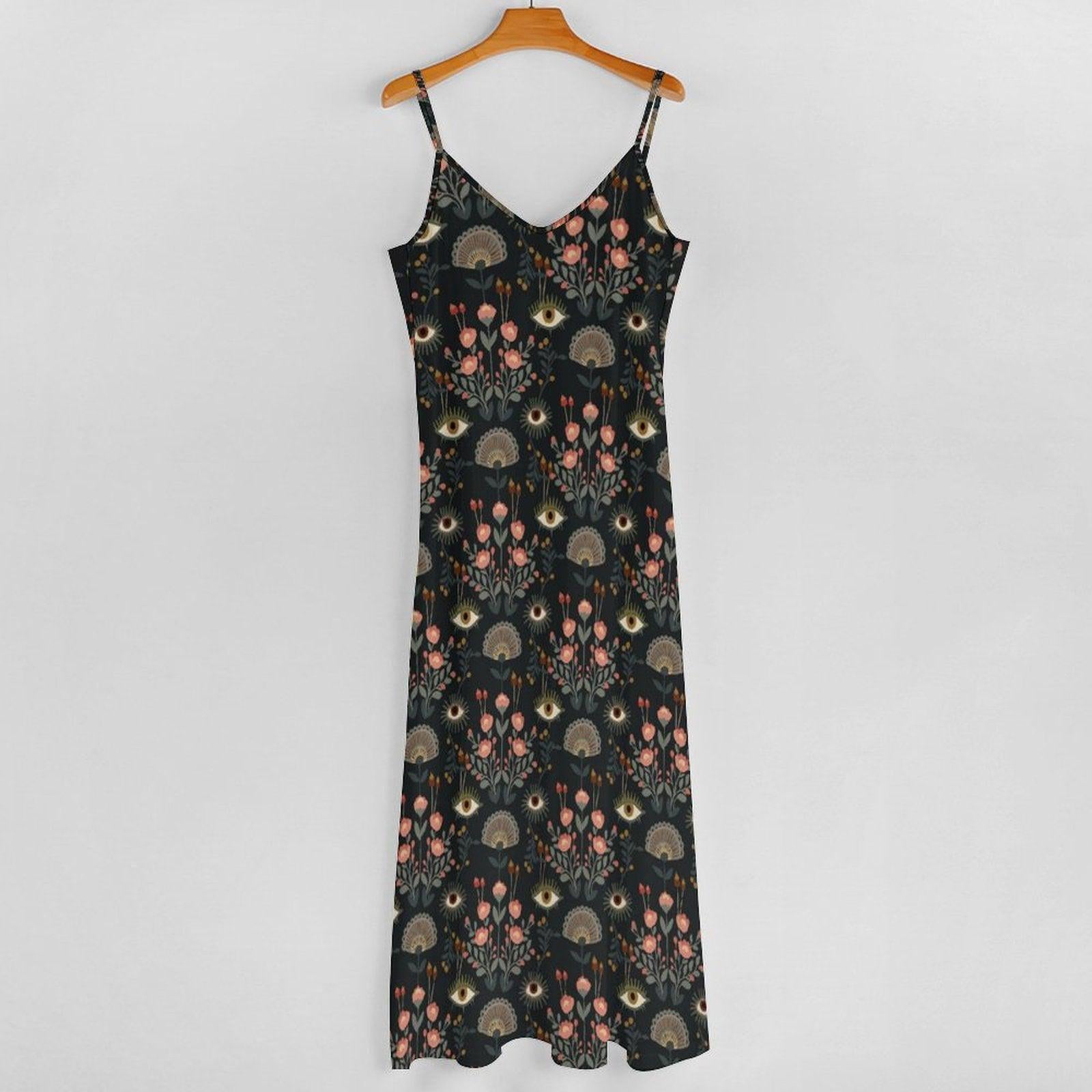 Evil Eye Maxi Dress, Mystical Floral Slip Dress, Folk Art Boho Sundress