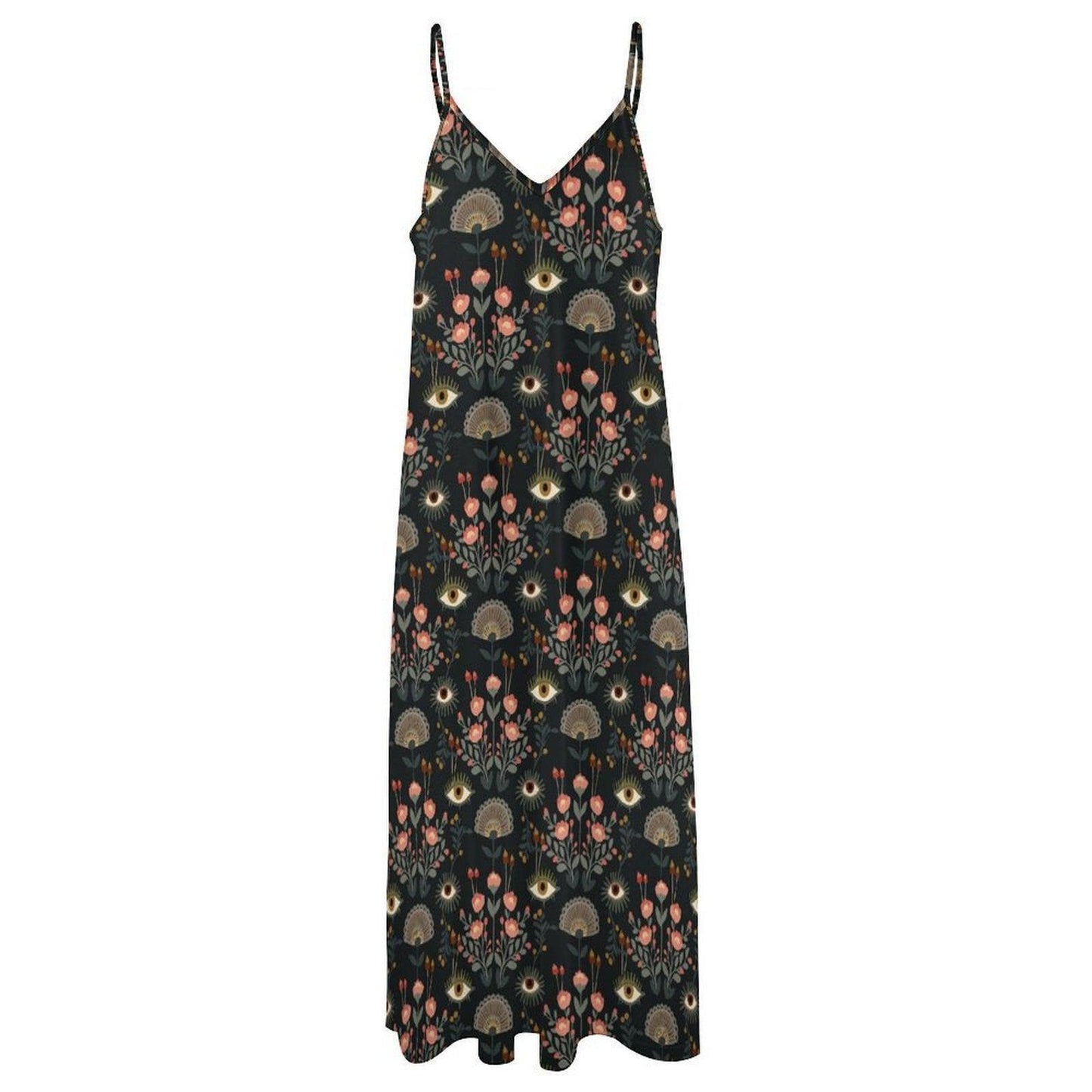 Evil Eye Maxi Dress, Mystical Floral Slip Dress, Folk Art Boho Sundress