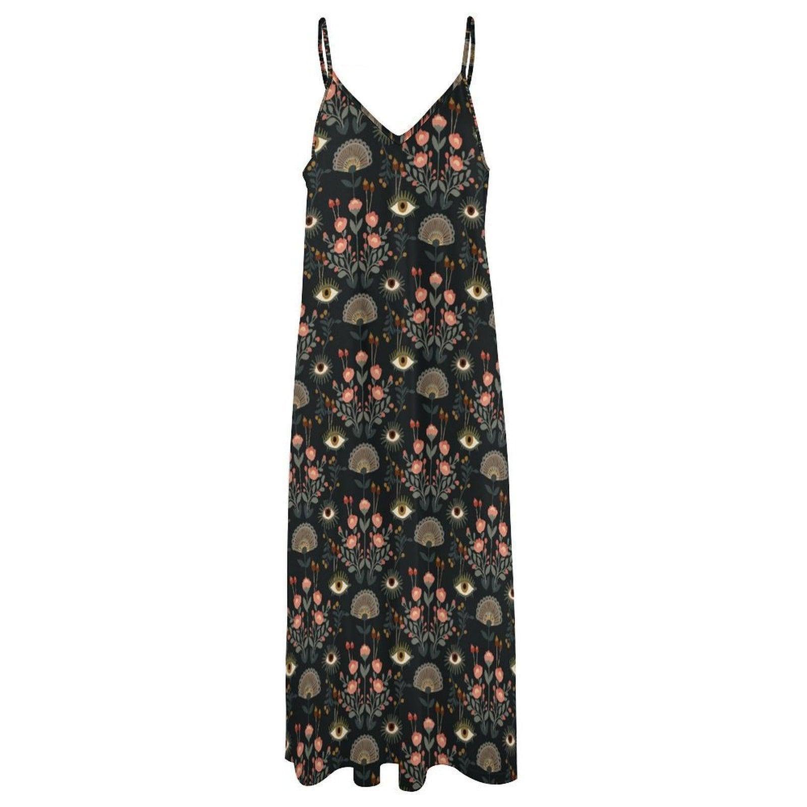 Evil Eye Maxi Dress, Mystical Floral Slip Dress, Folk Art Boho Sundress