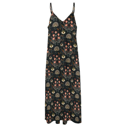Evil Eye Maxi Dress, Mystical Floral Slip Dress, Folk Art Boho Sundress