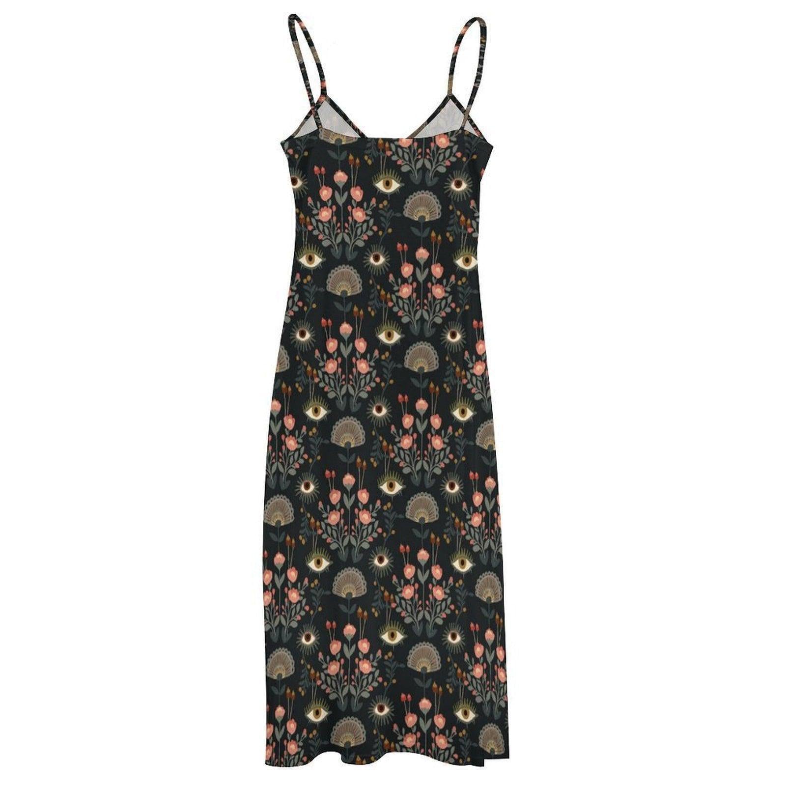 Evil Eye Maxi Dress, Mystical Floral Slip Dress, Folk Art Boho Sundress