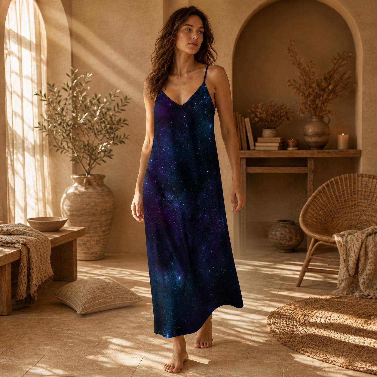 Midnight Galaxy Maxi Dress, Celestial Starry Night Slip Sundress, Cosmic Vacation Style