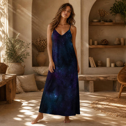 Midnight Galaxy Maxi Dress, Celestial Starry Night Slip Sundress, Cosmic Vacation Style