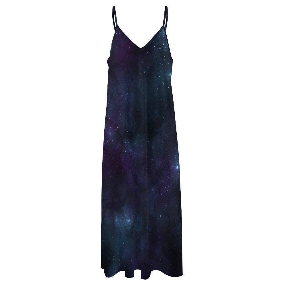 Midnight Galaxy Maxi Dress, Celestial Starry Night Slip Sundress, Cosmic Vacation Style