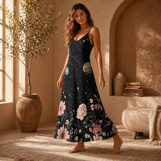 Galaxy Floral Maxi Dress, Celestial Boho Gown, Starry Night Festival Outfit