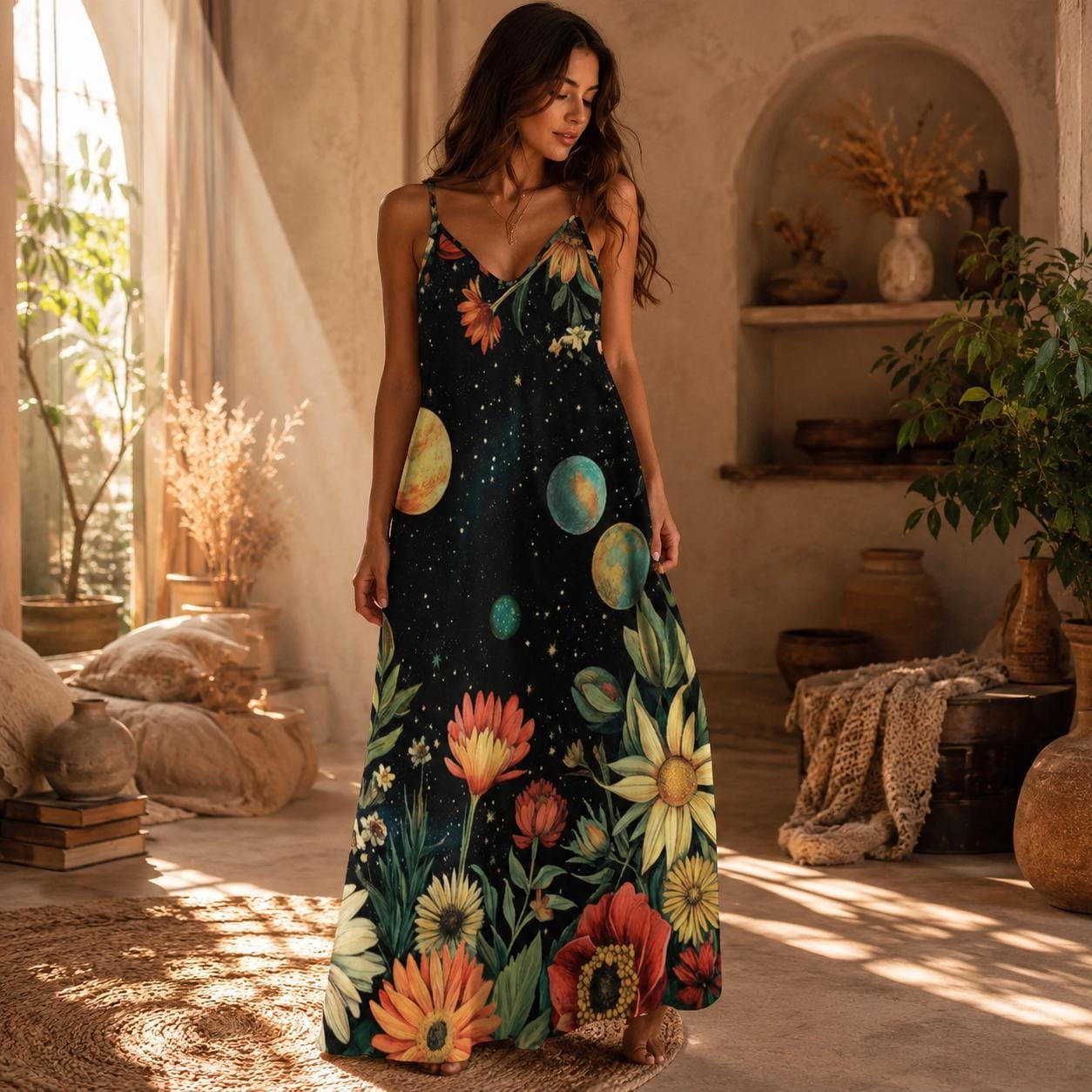 Boho Maxi Dress, Cosmic Floral Sundress, Planet Print Slip Dress