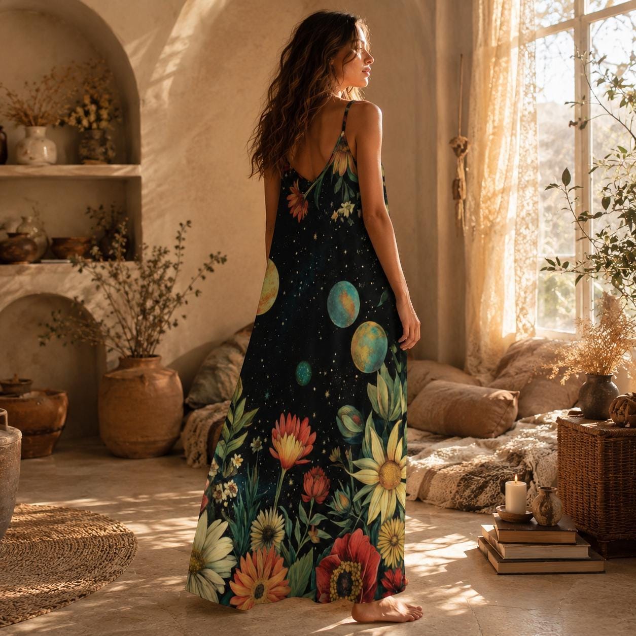 Boho Maxi Dress, Cosmic Floral Sundress, Planet Print Slip Dress