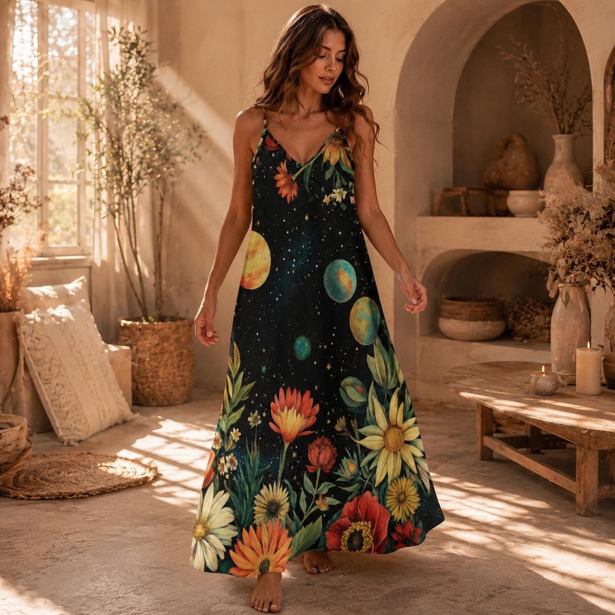 Boho Maxi Dress, Cosmic Floral Sundress, Planet Print Slip Dress
