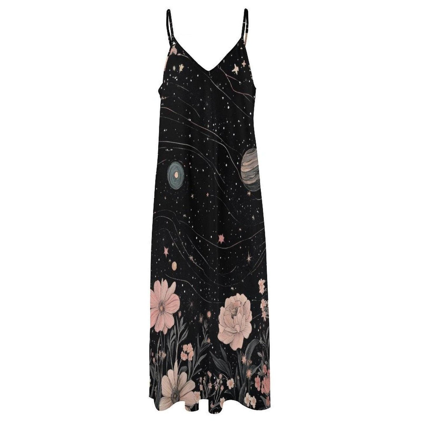 Galaxy Floral Maxi Dress, Celestial Boho Gown, Starry Night Festival Outfit