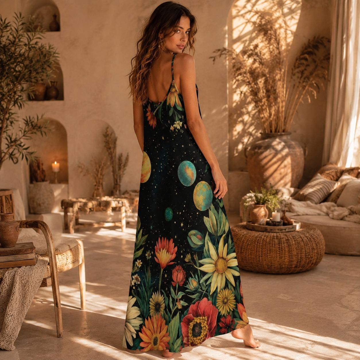 Boho Maxi Dress, Cosmic Floral Sundress, Planet Print Slip Dress