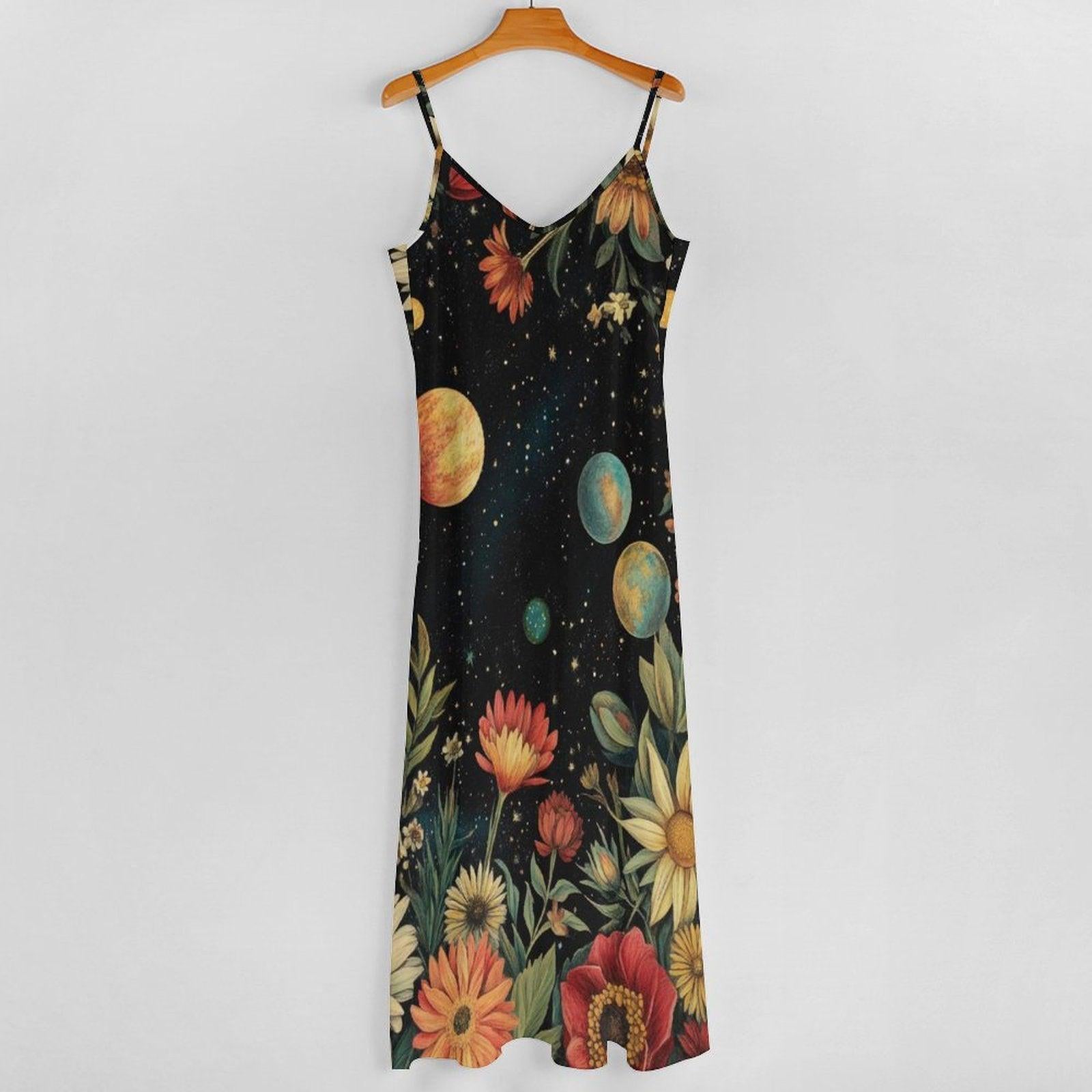 Boho Maxi Dress, Cosmic Floral Sundress, Planet Print Slip Dress