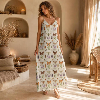 Butterfly Maxi Dress, Insect Print Sundress, Botanical Moth Prairie Outfit