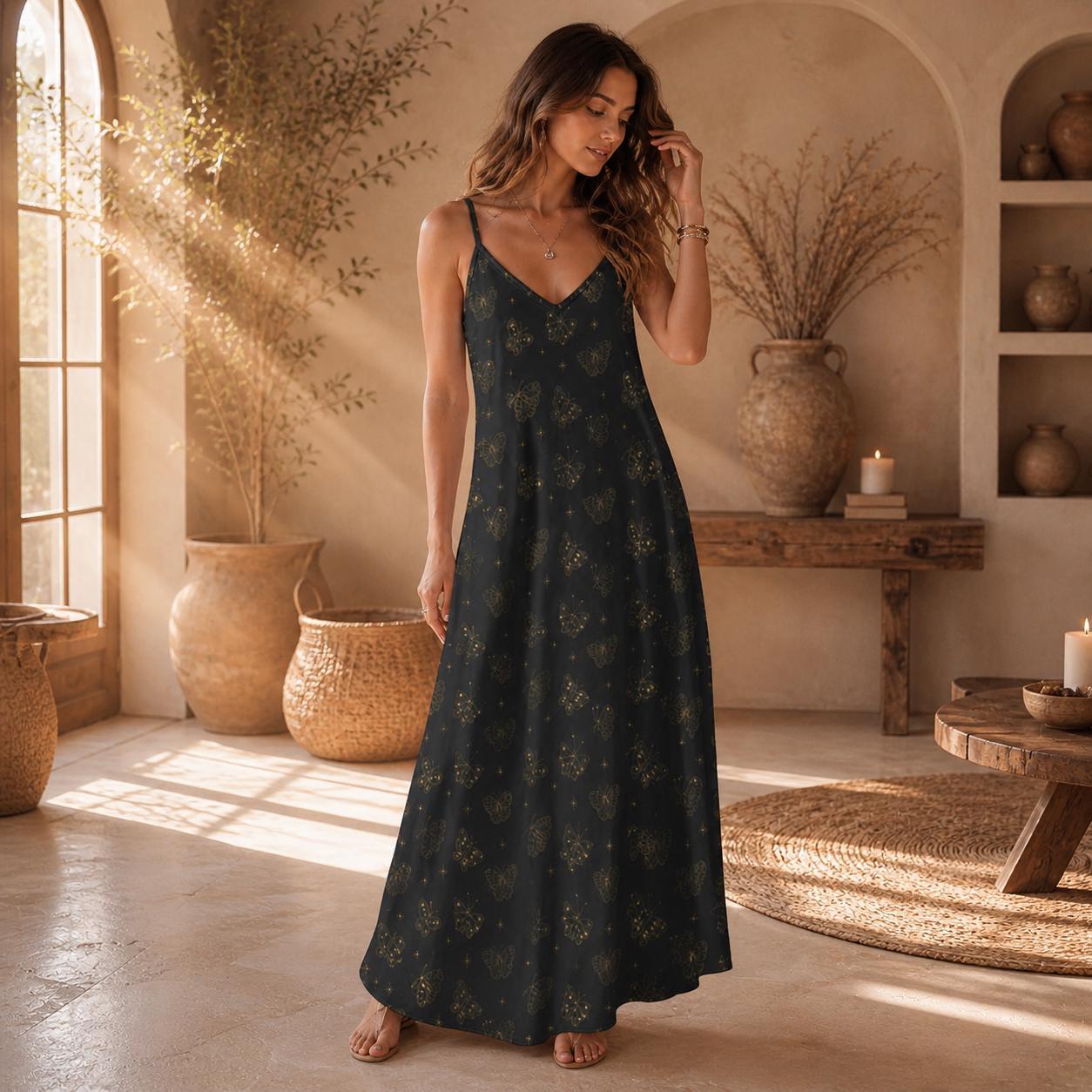 Celestial Butterfly Maxi Dress, Black Moth Slip Sundress, Boho Floral Vacation Outfit