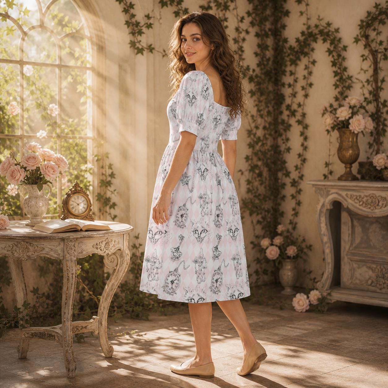 Alice Inspired Midi Dress, Wonderlands Queen of Hearts Tea Party Dress, Storybook Puff Sleeve Fantasy Dress