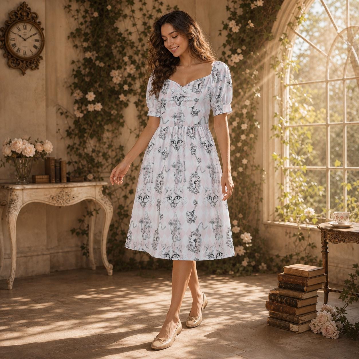 Alice Inspired Midi Dress, Wonderlands Queen of Hearts Tea Party Dress, Storybook Puff Sleeve Fantasy Dress