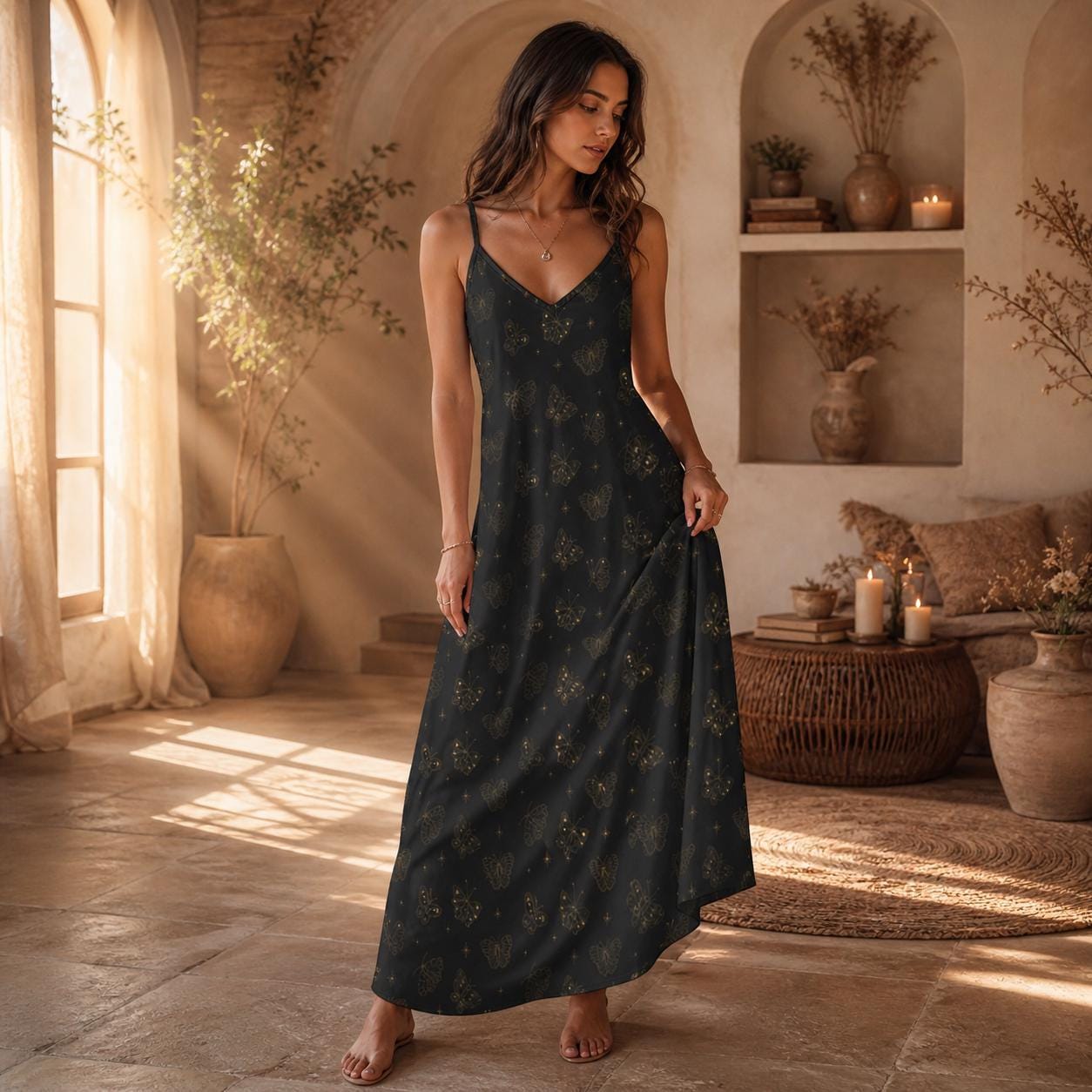 Celestial Butterfly Maxi Dress, Black Moth Slip Sundress, Boho Floral Vacation Outfit