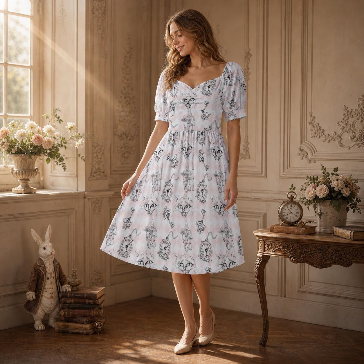 Alice Inspired Midi Dress, Wonderlands Queen of Hearts Tea Party Dress, Storybook Puff Sleeve Fantasy Dress
