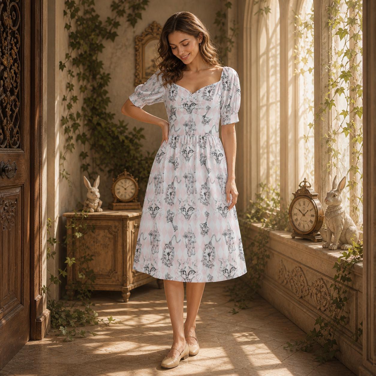 Alice Inspired Midi Dress, Wonderlands Queen of Hearts Tea Party Dress, Storybook Puff Sleeve Fantasy Dress