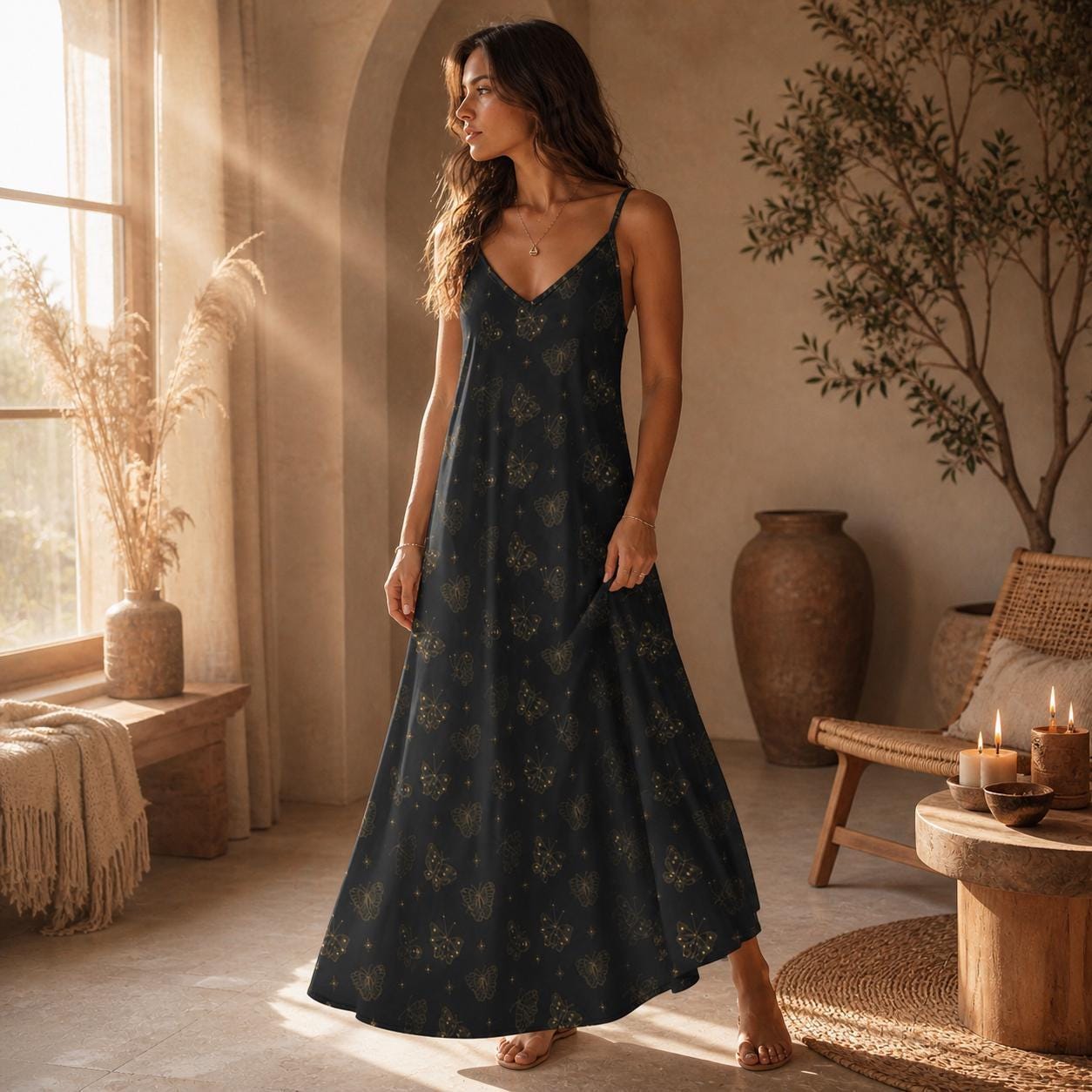 Celestial Butterfly Maxi Dress, Black Moth Slip Sundress, Boho Floral Vacation Outfit