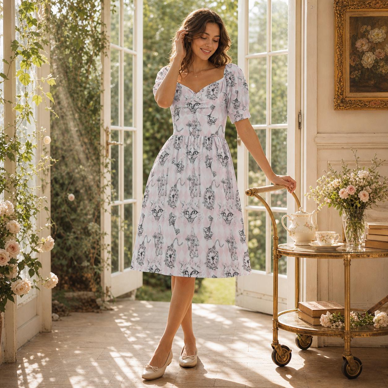 Alice Inspired Midi Dress, Wonderlands Queen of Hearts Tea Party Dress, Storybook Puff Sleeve Fantasy Dress