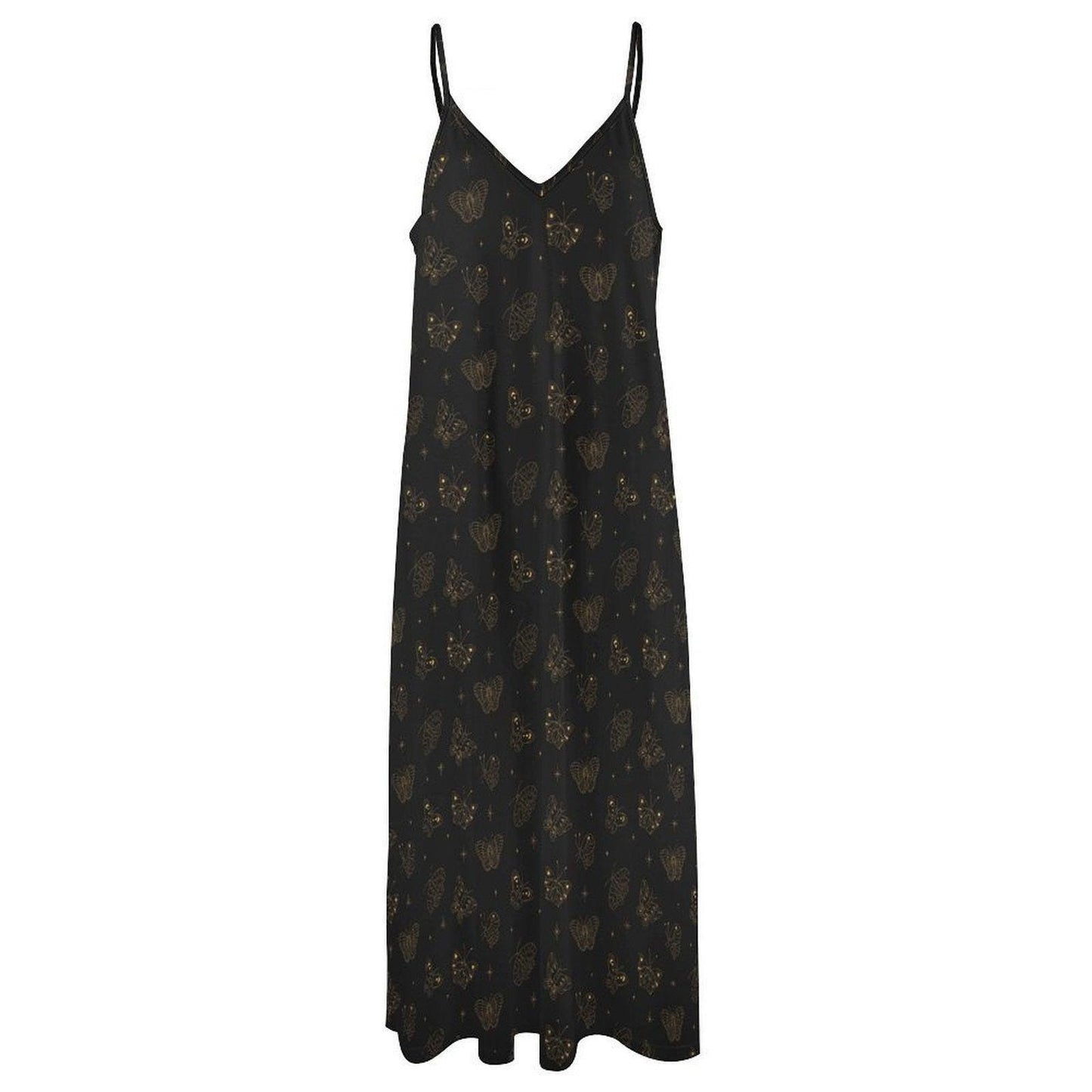 Celestial Butterfly Maxi Dress, Black Moth Slip Sundress, Boho Floral Vacation Outfit