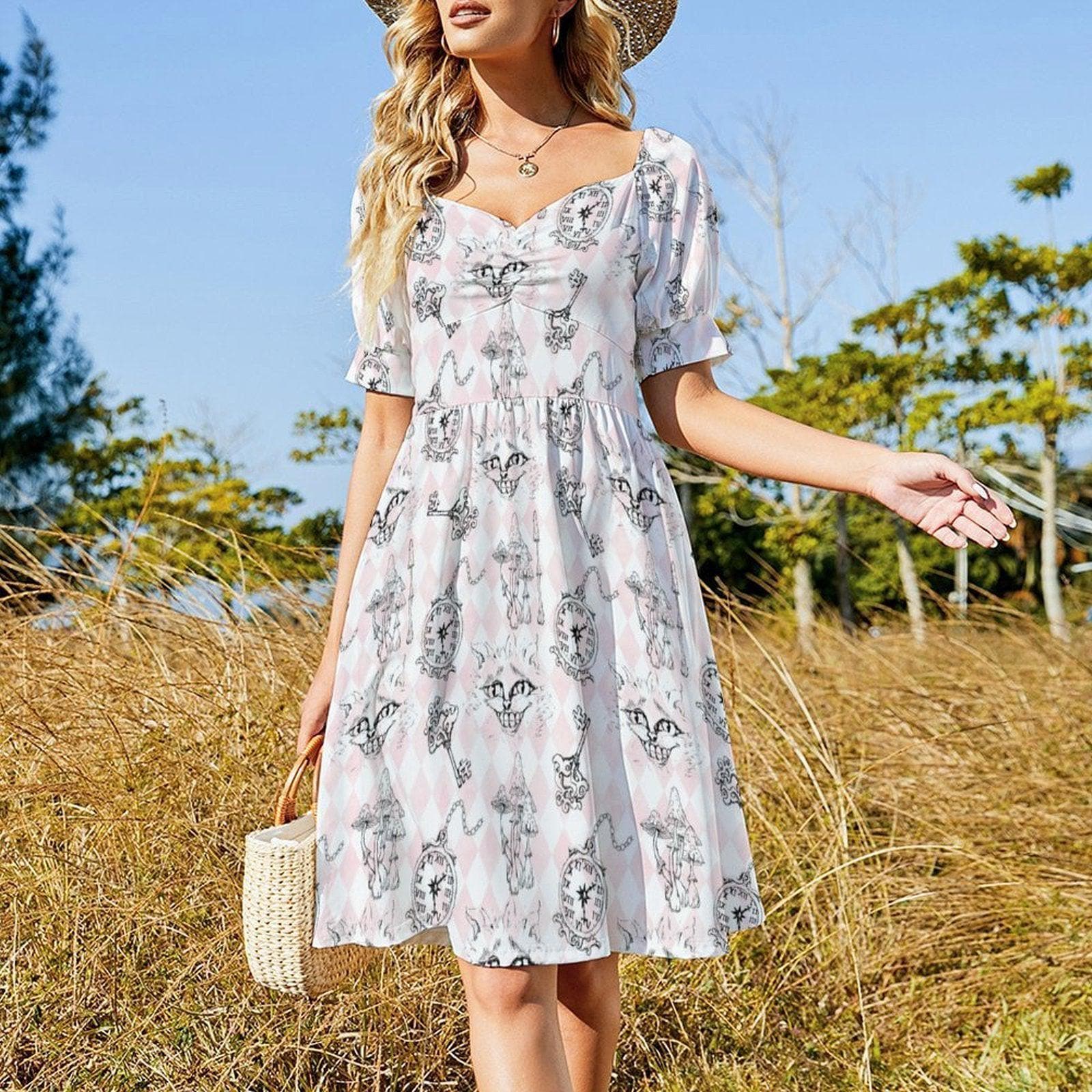 Alice Inspired Midi Dress, Wonderlands Queen of Hearts Tea Party Dress, Storybook Puff Sleeve Fantasy Dress