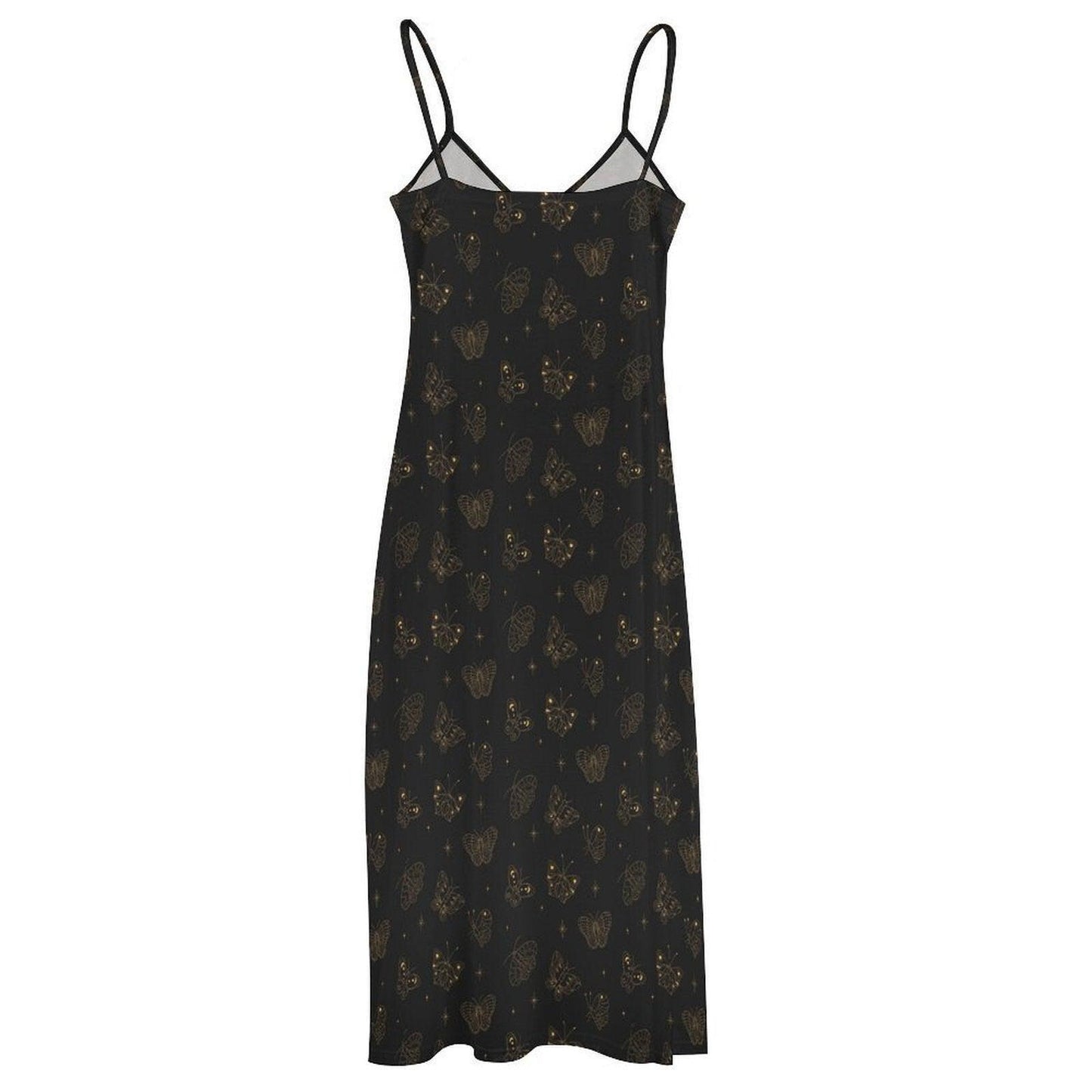 Celestial Butterfly Maxi Dress, Black Moth Slip Sundress, Boho Floral Vacation Outfit
