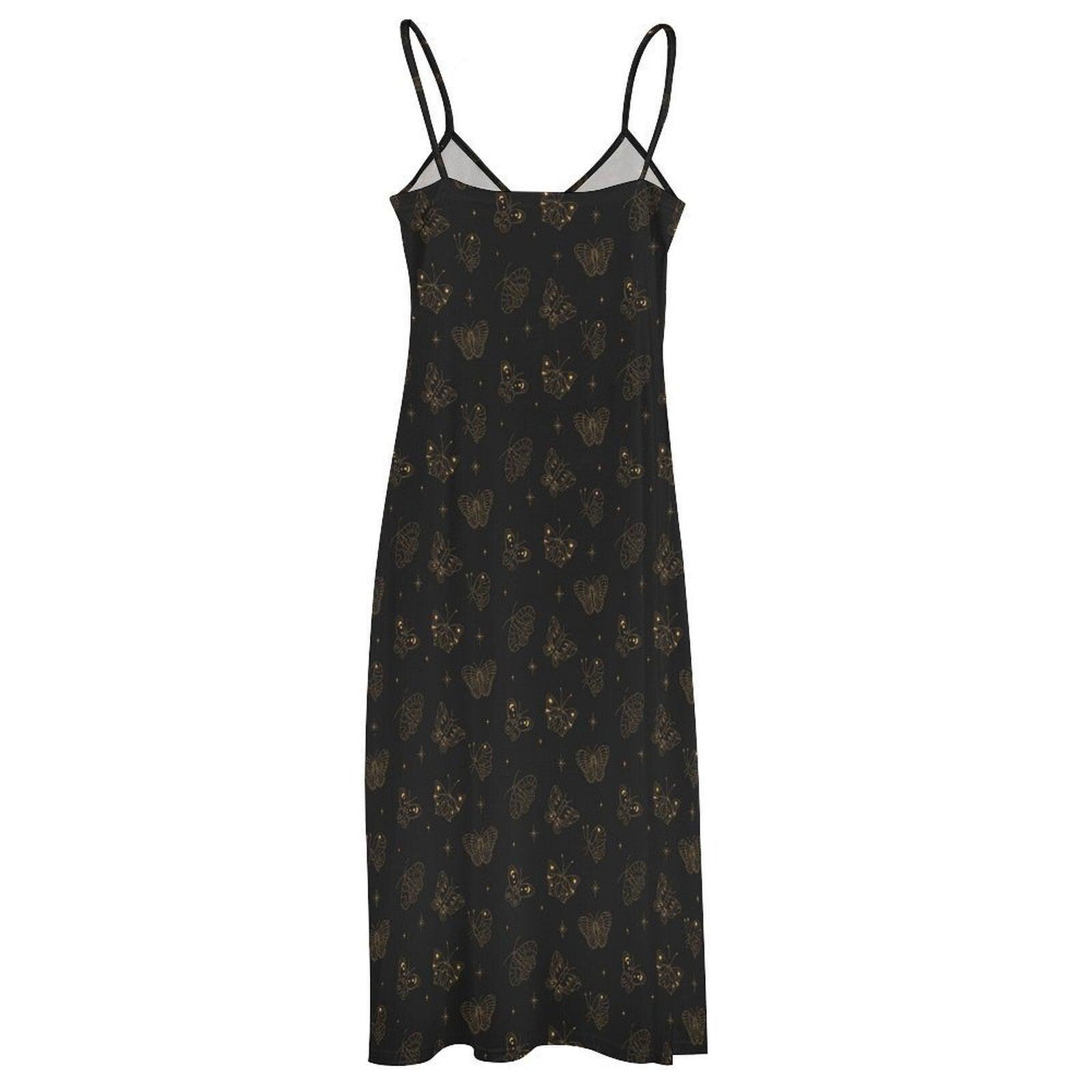 Celestial Butterfly Maxi Dress, Black Moth Slip Sundress, Boho Floral Vacation Outfit