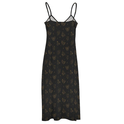 Celestial Butterfly Maxi Dress, Black Moth Slip Sundress, Boho Floral Vacation Outfit