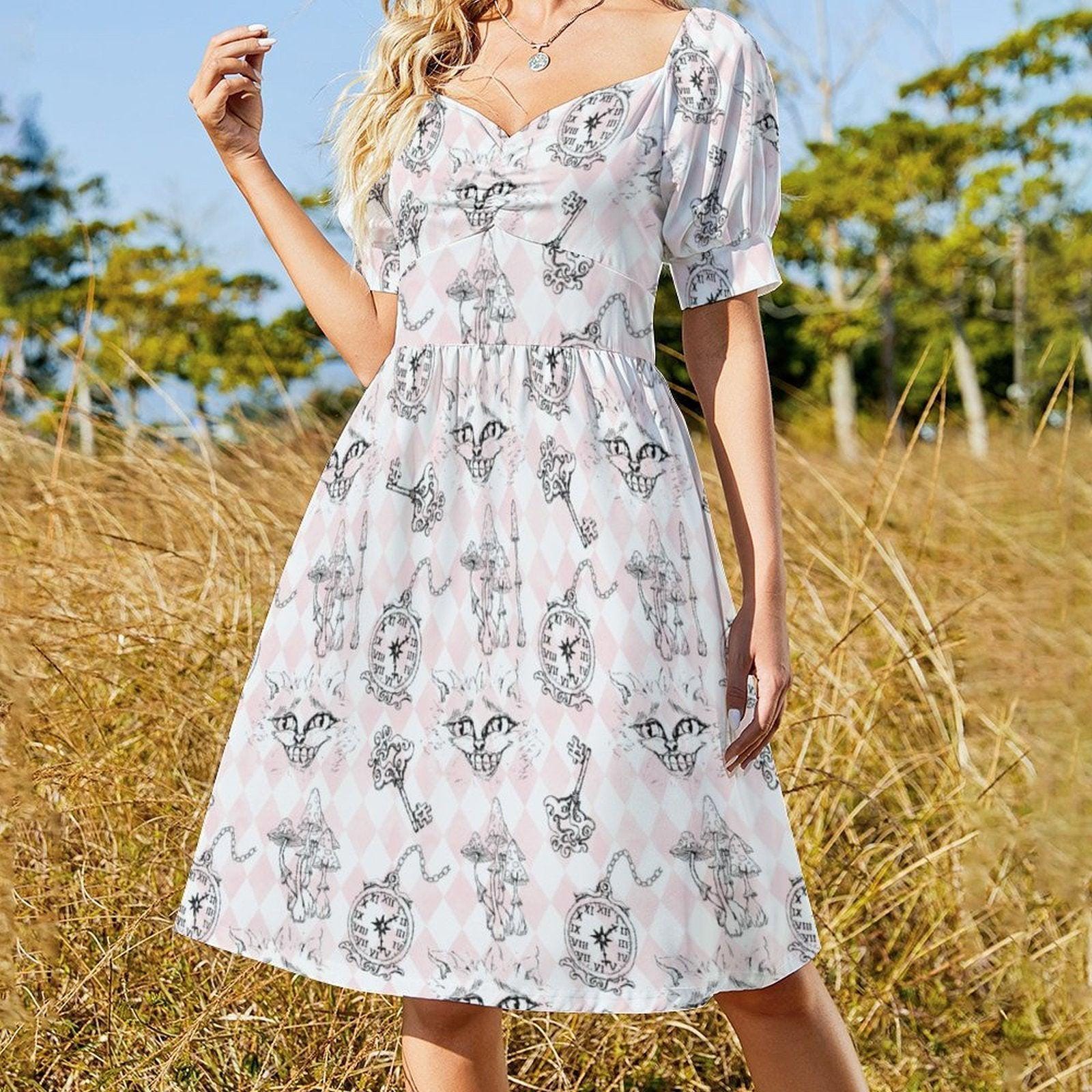 Alice Inspired Midi Dress, Wonderlands Queen of Hearts Tea Party Dress, Storybook Puff Sleeve Fantasy Dress