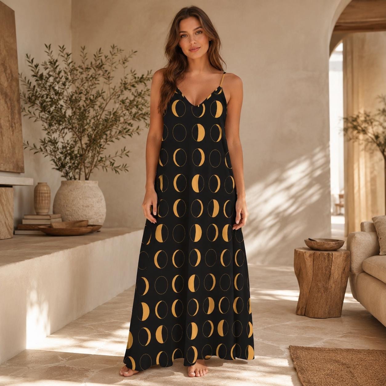 Black and Yellow Moon Phase Print Maxi Dress with Spaghetti Straps