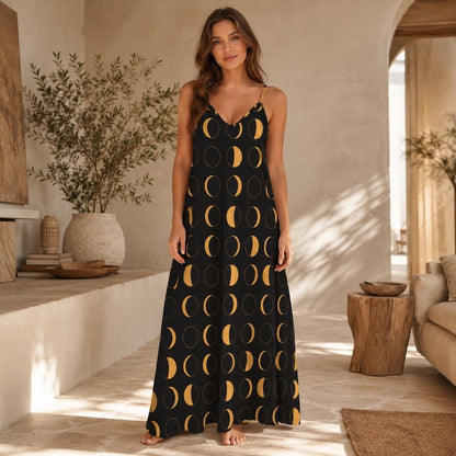 Black and Yellow Moon Phase Print Maxi Dress with Spaghetti Straps