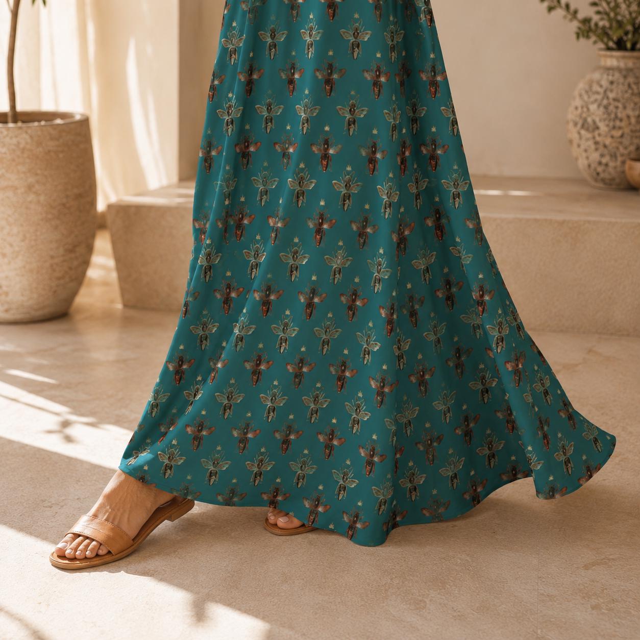 Teal Green Bee Print Maxi Dress, Vintage Honeybee Cottagecore Sundress