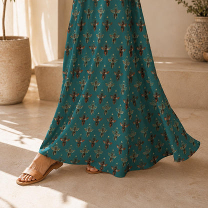 Teal Green Bee Print Maxi Dress, Vintage Honeybee Cottagecore Sundress