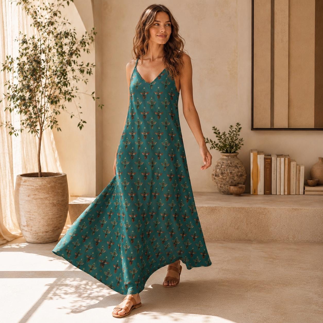 Teal Green Bee Print Maxi Dress, Vintage Honeybee Cottagecore Sundress