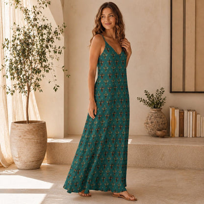 Teal Green Bee Print Maxi Dress, Vintage Honeybee Cottagecore Sundress