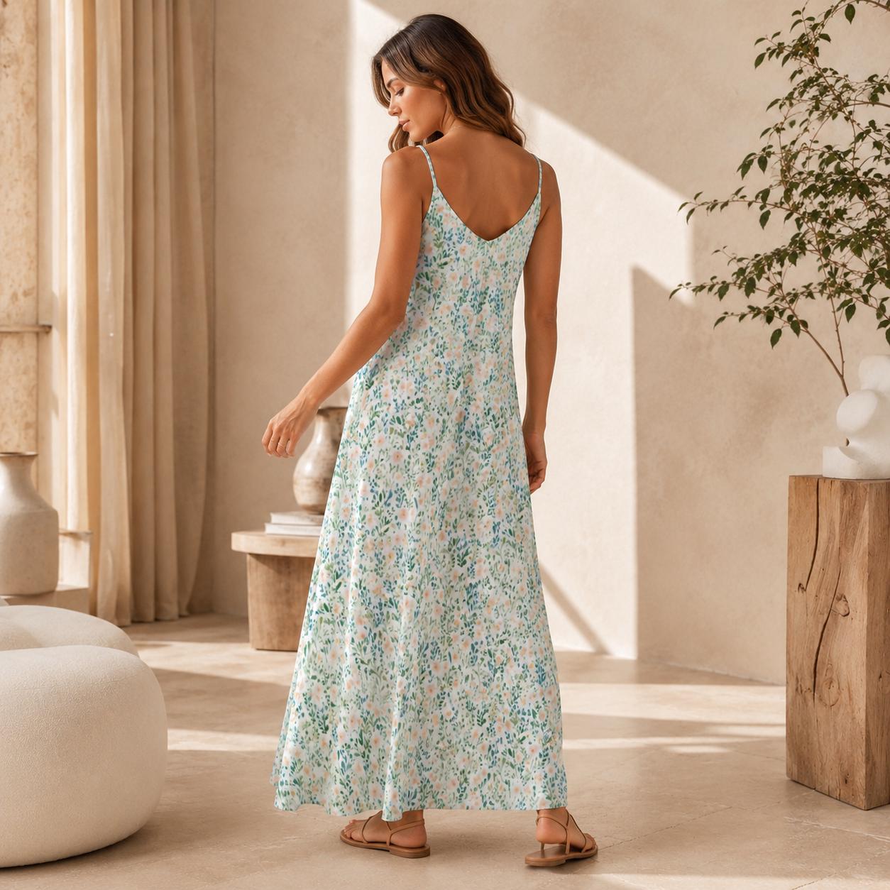 Sage Green Watercolor Floral Maxi Dress, Coastal Grandmother Summer Sundress