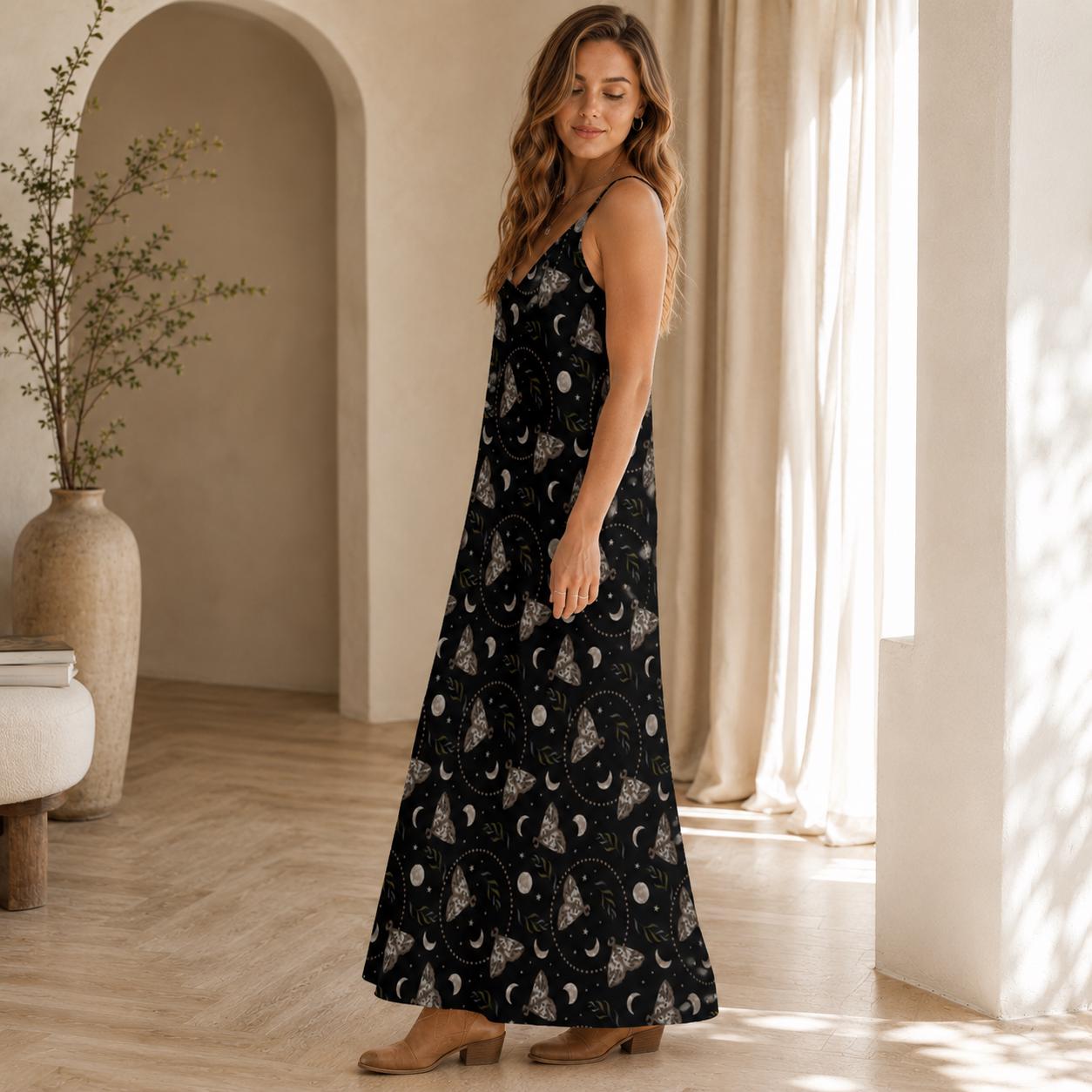 Black Moth and Moon Phase Print Maxi Dress with Spaghetti Straps