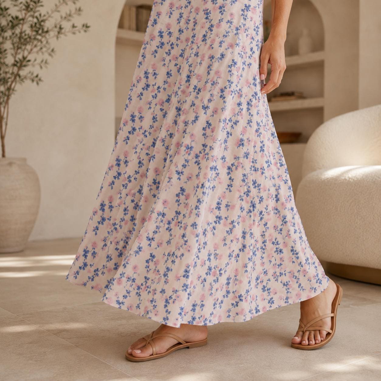 Cream Ditsy Floral Maxi Dress, Pink Blue Blossoms, Cottagecore Cami Sundress, Garden Wedding Picnic
